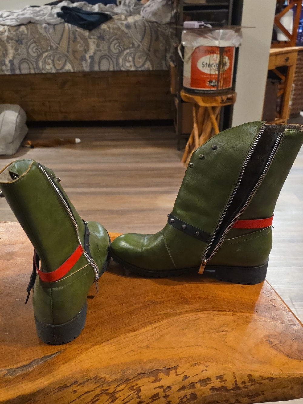 Olive Green Leather Zip Moto Boots with Red Accent